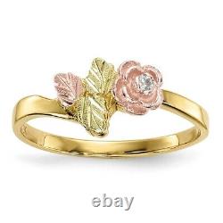 10k Tri Color Black Hills Gold Diamond Rose Band Ring Flower Leaf Fine Jewelry