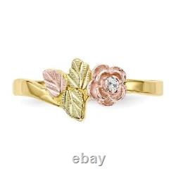 10k Tri Color Black Hills Gold Diamond Rose Band Ring Flower Leaf Fine Jewelry