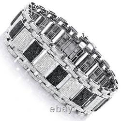 11ct Black White Sim Diamond Men's Wide Bracelet Free Gift Stud Christmas Silver