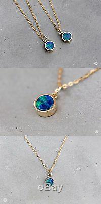 14K Yellow Gold Round Australian Doublet Black Opal Pendant Necklace Xmas Gift