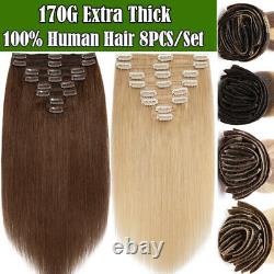 180G THICK Double Weft Clip In Real Human Hair Extensions Full Head Xmas Gift US
