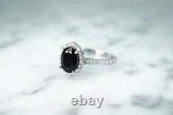 2.30 Ct Oval Cut AAA Black Halo Engagement Wedding Ring In 14K White Gold Finish