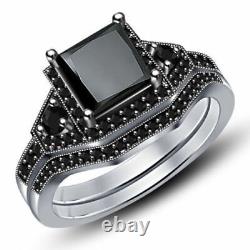 2.33 ct Black Diamond Bridal Set Sterling Silver Ring Lab Created Christmas Gift