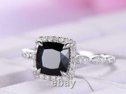 2 Ct Cushion Black Diamond Women Engagement Gift Band Ring 14K White Gold Finish