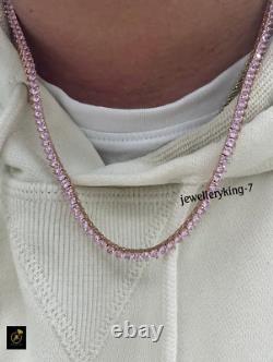 20CT Simulated Pink Diamond Men 3mm Tennis Chain Necklace Gold Plated 925 Silver