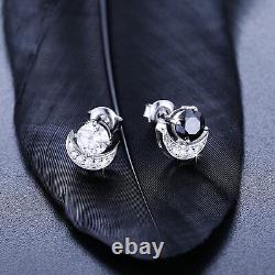 2Ct Black White Moissanite Moon Stud Earrings 925 Sterling Silver For Woman Gift