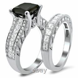3.34 Ct Black Diamond Bridal Set Sterling Silver Ring Lab Created Christmas Gift