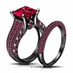 3.34 ct Pink Princess Diamond Bridal Set Black Silver Lab Created Christmas Gift