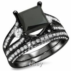 3.34Ct Black Princess Diamond Black Silver Ring Lab Created Christmas Gift #