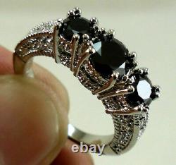 3Ct Round-Cut Black Onyx Three-Stone Engagement Gift Ring 14k White Gold Finish