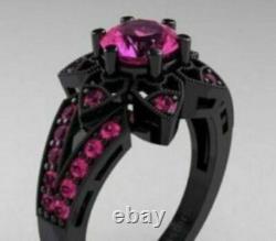 3Ct Round Cut Pink Sapphire Flower Christmas Gift Ring in 14K Black Gold Finish