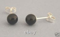 925 Sterling Silver 6mm Round Black Onyx Plain Bead Ball Studs Earrings GIFT BOX