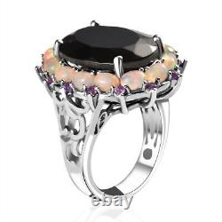 925 Sterling Silver Black Karelian Shungite Opal Halo Ring Gift Size 10 Ct 9.6