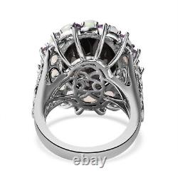 925 Sterling Silver Black Karelian Shungite Opal Halo Ring Gift Size 7 Ct 9.6