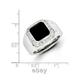 925 Sterling Silver Rhod Plated Diamond Black Onyx Square Mens Band Ring White