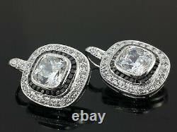 925 Sterling Silver dangle earrings 2 ct cushion black princess halo women gift