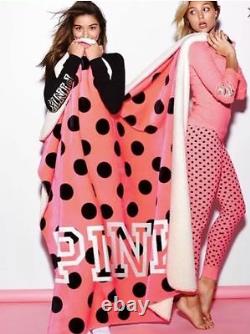 BIG Victoria Secret Pink BLACK POLKA DOT SHERPA FAUX FUR SOFT PLUSH DORM BLANKET
