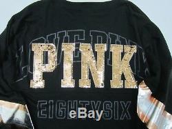 BLING LOT Victoria Secret Pink Sequin Gold V NECK TEE T SHIRT LEGGING PANT SET L