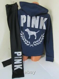 BLING Victoria Secret Pink ENSIGN GLITTER LOGO HOODIE BLACK LEGGING PANT XL SET