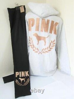 BLING Victoria Secret Pink GLITTER PULLOVER HOODIE + BLACK LEGGING PANT L XL SET