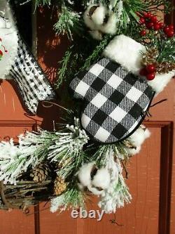 Black Buffalo Plaid Mittens Christmas Snow Winter Wreath Red Berries Cones Bow
