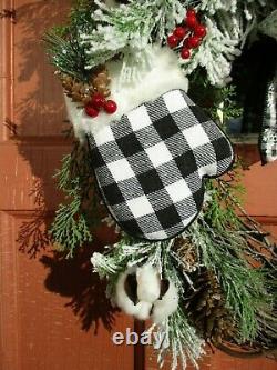 Black Buffalo Plaid Mittens Christmas Snow Winter Wreath Red Berries Cones Bow