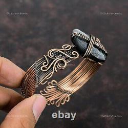 Black Ethiopian Opal Wire Wrapped Cuff Adjustable Bangle Handcrafted Copper Gift