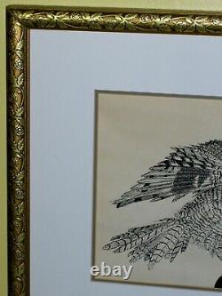 CHRISTMAS GIFT ORIGINAL Ben Wagner Cute Owl Bird Tree Etching Ink Painting VTG