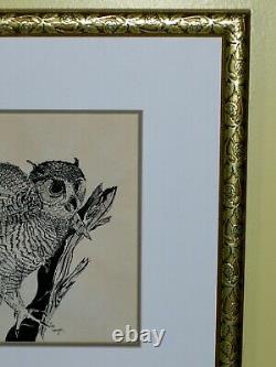 CHRISTMAS GIFT ORIGINAL Ben Wagner Cute Owl Bird Tree Etching Ink Painting VTG