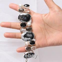 Christmas Day Gift Dendritic Opal Black Rutile Black Onyx Bracelet Silver 3930