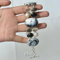 Christmas Day Gift Dendritic Opal Black Rutile Black Onyx Bracelet Silver 3985