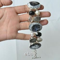 Christmas Day Gift Dendritic Opal Black Rutile Black Onyx Bracelet Silver 3999