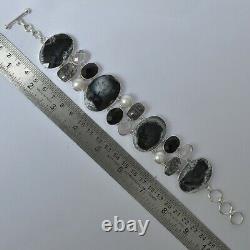Christmas Eve Gift Dendritic Opal Rutile Onyx Black Bracelet Silver Jewelry 3971
