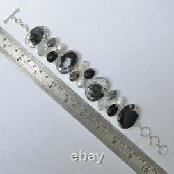 Christmas Eve Gift Dendritic Opal Rutile Onyx Black Bracelet Silver Jewelry 3980