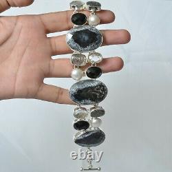 Christmas Eve Gift Dendritic Opal Rutile Onyx Black Bracelet Silver Jewelry 3983