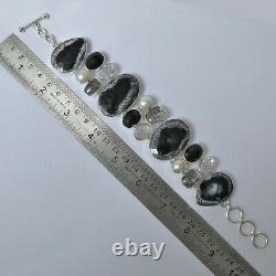 Christmas Eve Gift Dendritic Opal Rutile Onyx Black Bracelet Silver Jewelry 3983