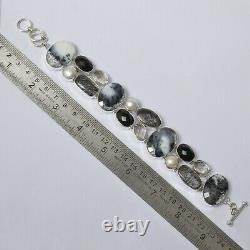 Christmas Eve Gift Dendritic Opal Rutile Onyx Black Bracelet Silver Jewelry 4009