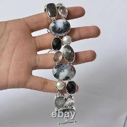 Christmas Eve Gift Dendritic Opal Rutile Onyx Black Bracelet Silver Jewelry 4009