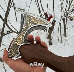 Christmas axe. Russian patterned hatchet. Collectible gift hunter Luxury men's