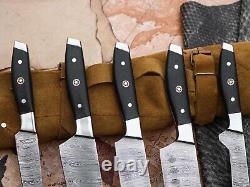 Custom Handmade Damascus 5pc Chef knife set with Leather bag Christmas Gift