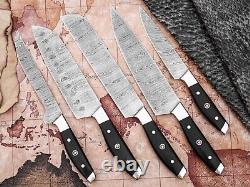 Custom Handmade Damascus 5pc Chef knife set with Leather bag Christmas Gift