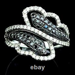 Estate Black and White Diamond 14k White Gold Ring Bypass Leaf Design Band Gift