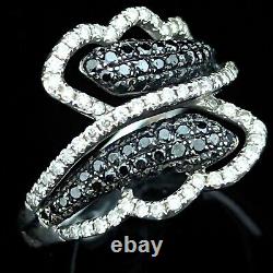 Estate Black and White Diamond 14k White Gold Ring Bypass Leaf Design Band Gift