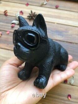 French Bulldog Black Obsidian Hand Carved Figurine Crystal Holiday Gift Xmas