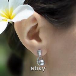 Genuine Tahitian Black Pearl Drop Earrings 925 Silver CZ Fast Ship Made in USA