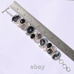 Gift For Her Dendritic Opal Black Rutile Black Onyx Bracelet Silver Jewelry 3929