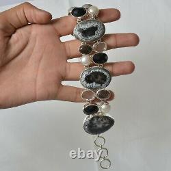 Gift For Her Dendritic Opal Black Rutile Black Onyx Bracelet Silver Jewelry 3972
