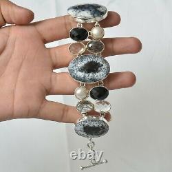 Gift For Her Dendritic Opal Black Rutile Black Onyx Bracelet Silver Jewelry 3986