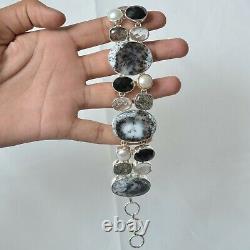 Gift For Her Dendritic Opal Black Rutile Black Onyx Bracelet Silver Jewelry 3987