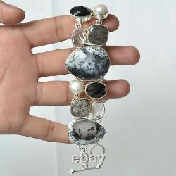 Gift For Her Dendritic Opal Black Rutile Black Onyx Bracelet Silver Jewelry 3989